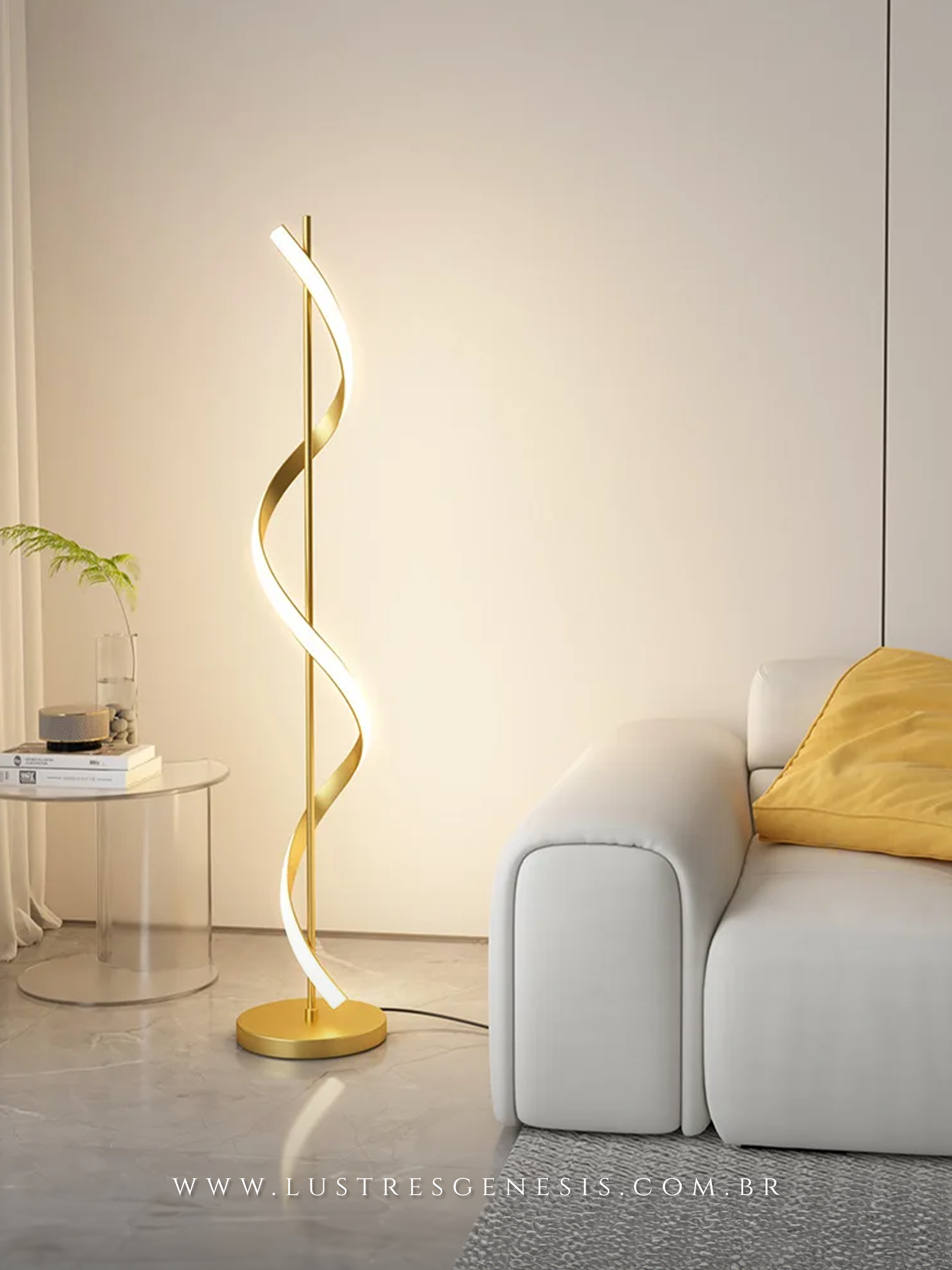 Luminária de chão LED dourada Ávila de 1,40m, com design moderno e elegante, ideal para decoração de luxo em salas e quartos.